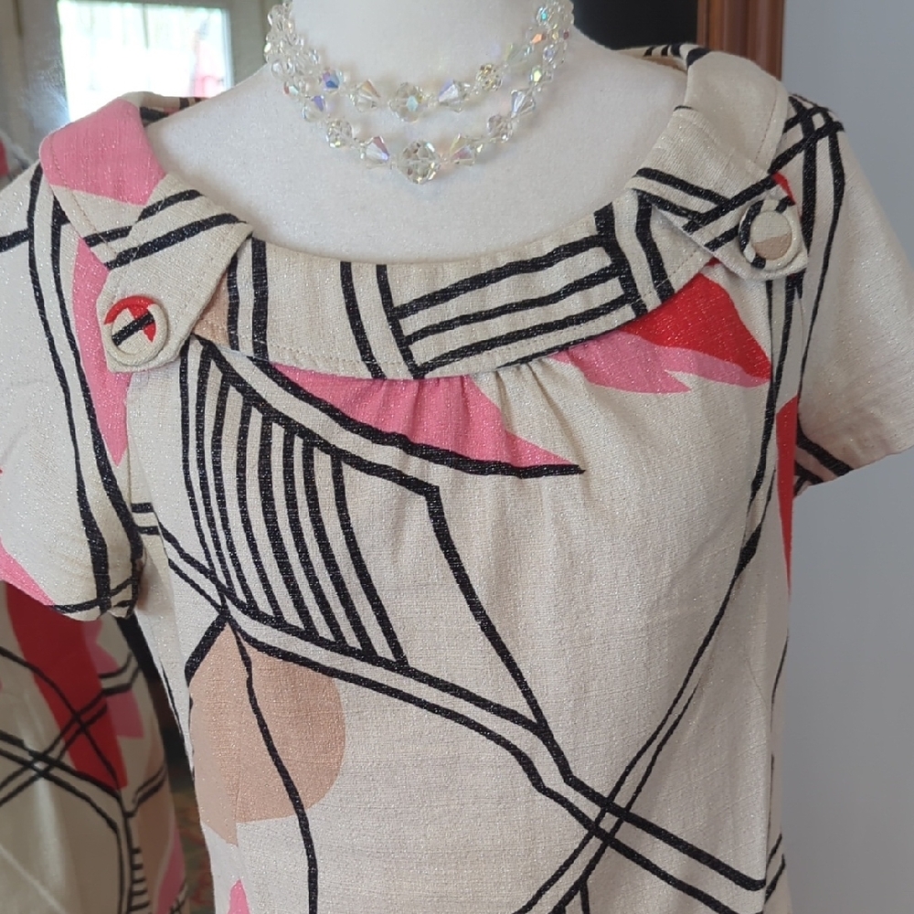 RARE VINTAGE Alberto Makali Cream and Pink Geometric MOD Dress - Picture 6 of 8